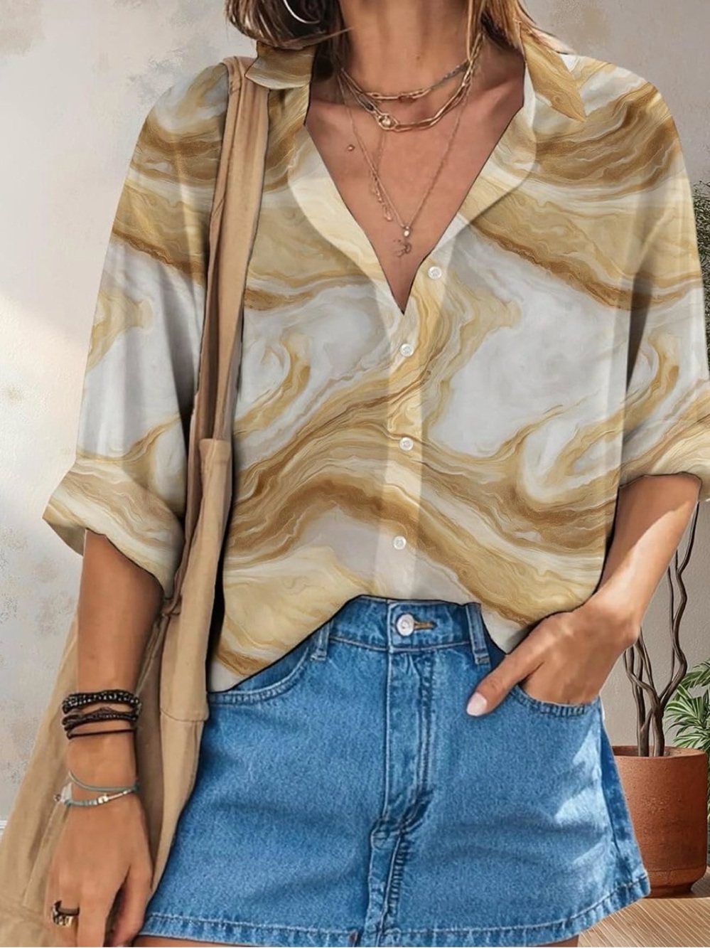 Women's Marble-Print Blouse Button Down Shirt - Cream & Tan XL NWT